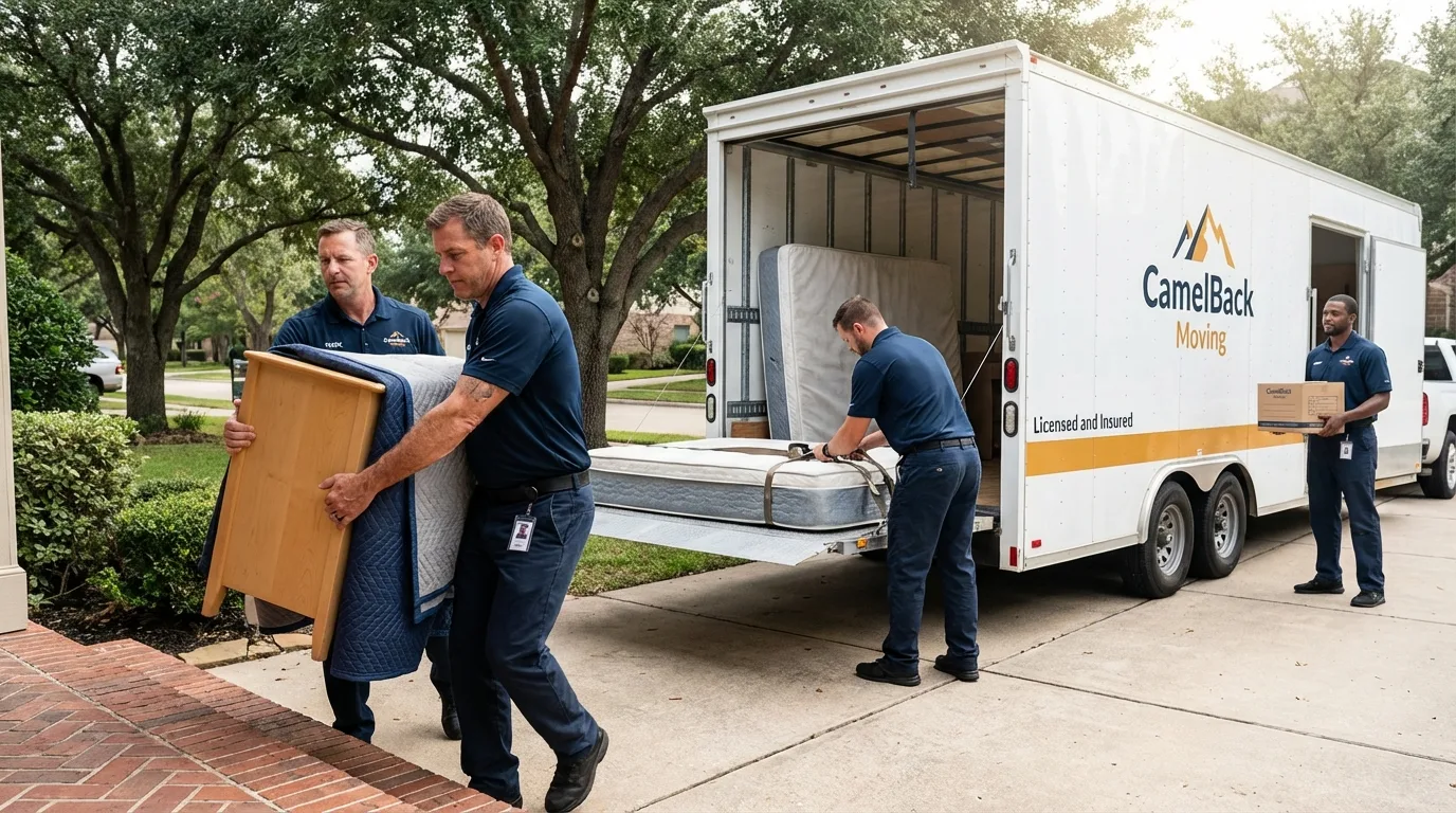 Crew loading residential truck for cross-state move from Van Alstyne, TX